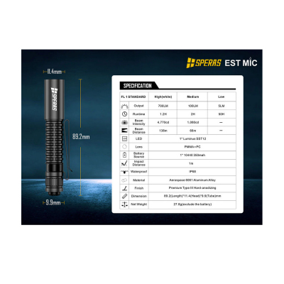 Svítilna dobíjecí SPERAS EST MIC EDC Penlight 700 lm / 138 m / USB-C 